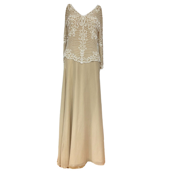 JKara Dress Womens Sz 6 Beige Beaded V Neck‎ Long Sleeve Maxi A Line Formal MOB - Picture 1 of 9